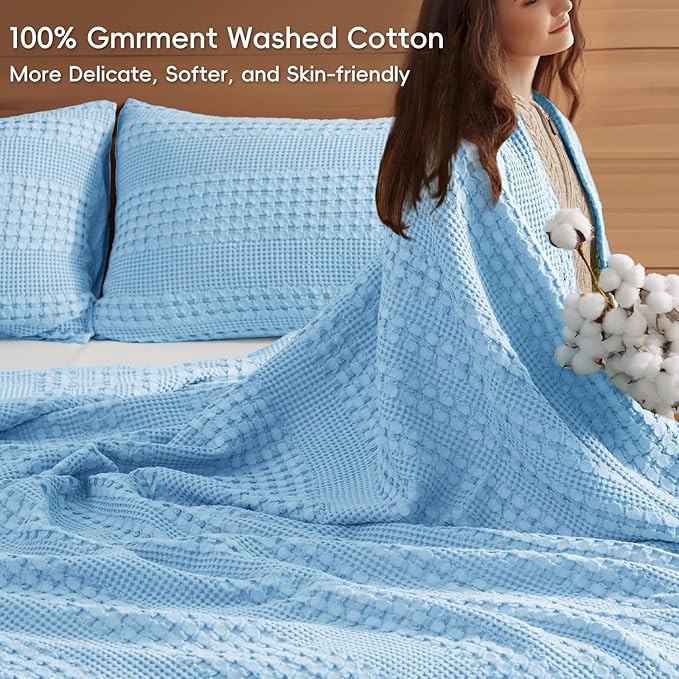 PHF 100% Cotton Waffle Blanket Oversized King 120"x120", Lightweight Breathable Extra Large 10'x10' Summer Blankets for Bed, Giant Big Luxury Aesthetic Woven Bedding for Home Decor, Sky Blue-Ruum Studio Home