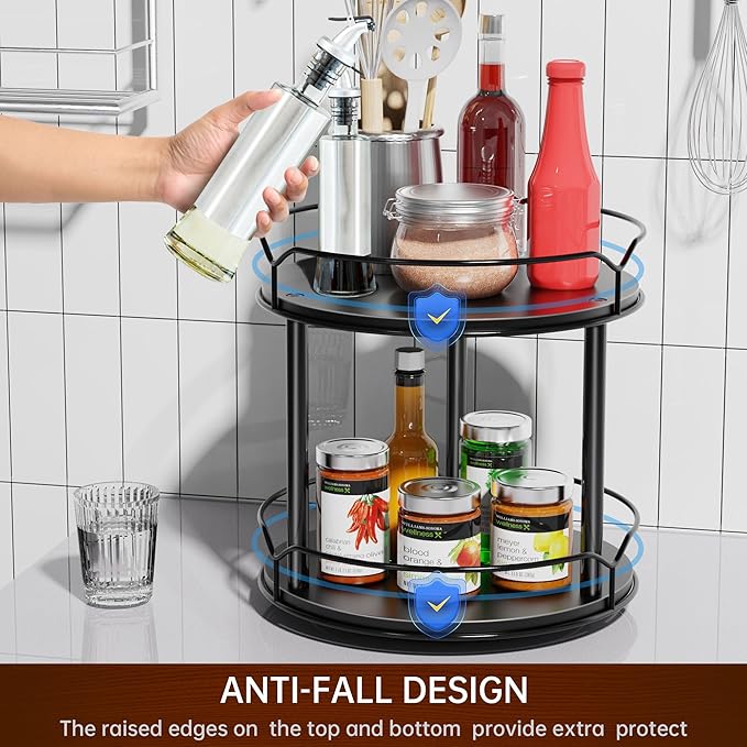 Lazy Susan Organizer 2 Tier - 9.2" Turntable Spice Rack for Table Top, Wooden Rotating Lazy Susan for Cabinet Pantry Kitchen Countertop Dining Table Cupboard Bathroom Vanity Storage(Black)-Ruum Studio Home