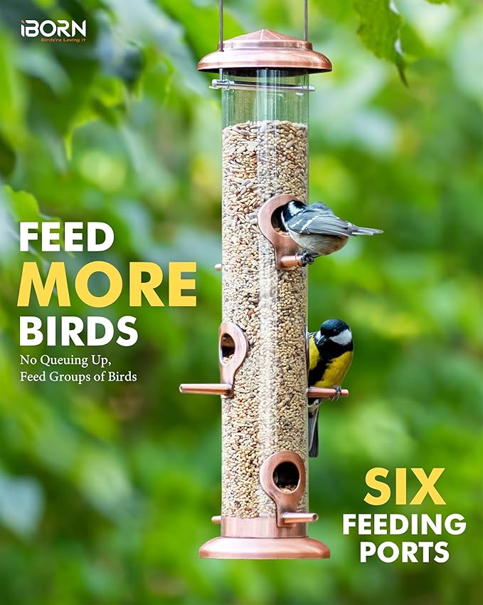 iBorn Metal Bird Feeders Brushed Copper Wild Bird Feeder for Outdoors Hanging All Metal Brushed Copper Finishing 14 Inch 6 Port(Seed is not Included)-Ruum Studio Home