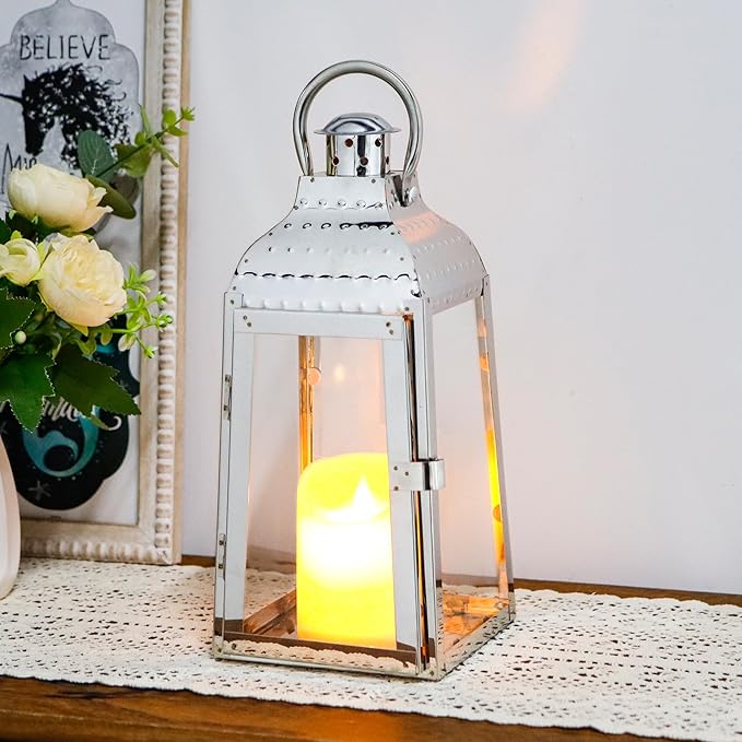 TRIROCKS Stainless Steel Candle Lanterns 12''H Decorative Candle Holders with Tempered Glass for Indoor Outdoor Porch Garden Parities and Wedding(Silver)-Ruum Studio Home