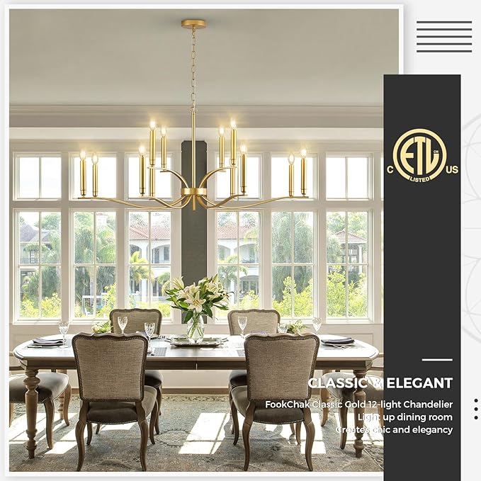 12 Light Gold Living Room Chandelier High Ceiling Foyer Candle Chandelier Large Modern Brass 44in Metal Chandeliers Hanging Light for Master Bedroom Dining Room Light Fixture Over Table-Ruum Studio Home