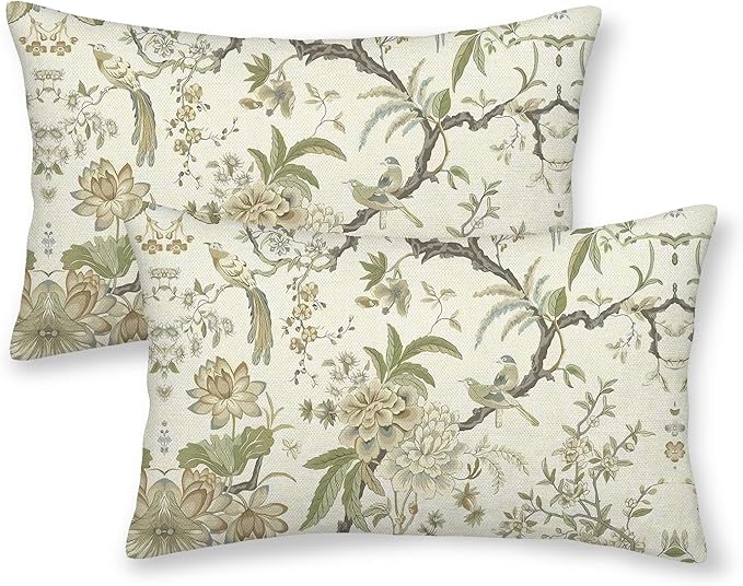 CXMEIFLY Spring Floral Birds Pillow Covers 12 x 20 Inch Set of 2 for Chinoiserie Flowers Decor Throw Pillows Sage Green Plant Outdoor Decorative Cushion Cases for Couch Bed Decorations-Ruum Studio Home