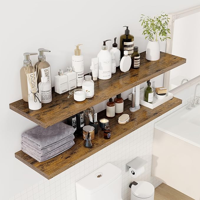 55" Floating Shelves for Wall, 12" Deep Slim Rustic Brown Floating Shelves, Wall-Mounted Shelves for Bedroom, Living Room, Kitchen, Bathroom - Set of 2-Ruum Studio Home