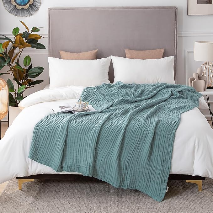 EMME Cotton Blanket Queen Size for Bed Soft Large Muslin Bed Blankets 90"x90" Lightweight Breathable Layering Bedspread All Season Gauze, Teal-Ruum Studio Home
