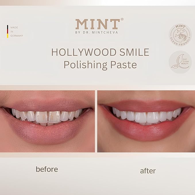 Mint Hollywood Smile polishing Paste with whitening Effect (1x 75 ml) - Professional Teeth Cleaning at Home - Effective deep Cleaning - Smooth, White Teeth - Microplastic-Free - by Dr. Mintcheva-Ruum Studio Home