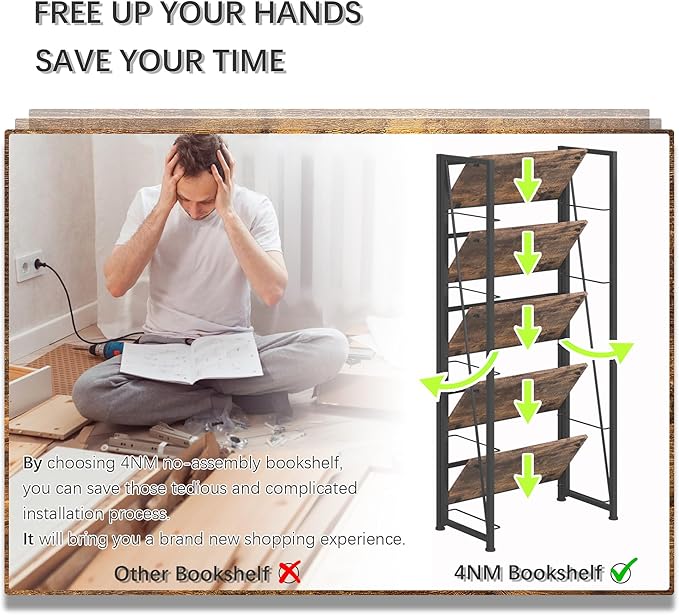4NM No Assembly Foldable Bookshelf, 5-Shelf Collapsible Bookcase Storage for Small Spaces, 62.2" H, Rustic Brown and Black-Ruum Studio Home