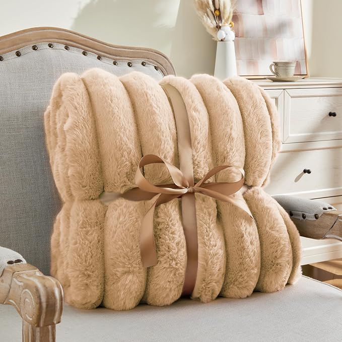 BEDELITE Faux Fur Throw Blanket for Couch, Soft and Cozy Luxurious 3D Striped Fluffy Blanket, 770GSM Thick Warm Plush Fuzzy Faux Rabbit Fur Blanket for Women Gift (Brown, 50"x 60")-Ruum Studio Home