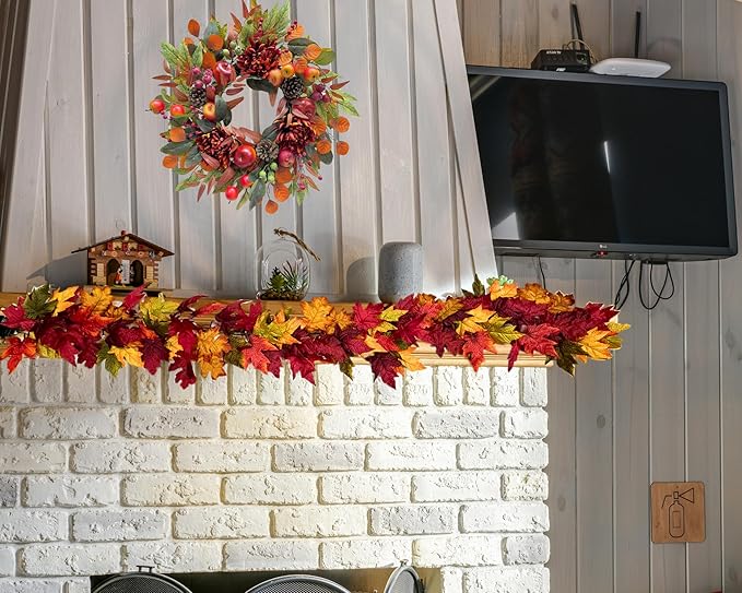 22 Inch Fall Chrysanthemum Wreath Harvest Floral Wreath with Apples Pinecones Berries and Eucalyptus Maple Leaves for Fall Thanksgiving Halloween Mantel Table Outdoor Front Door Wall Window-Ruum Studio Home
