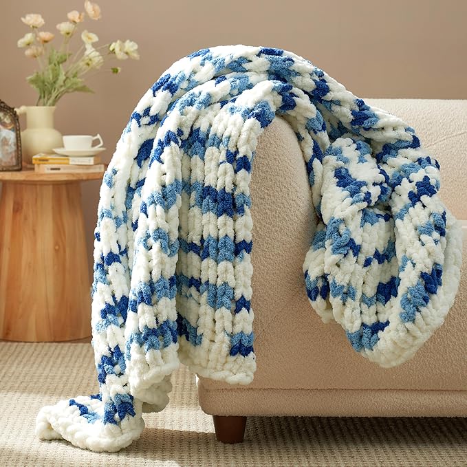 Amélie Home Chunky Knit Throw Blanket for Couch, Soft Chenille Crochet Blanket for Sofa, 50"x60", Space-Dyed Blue Striped-Ruum Studio Home