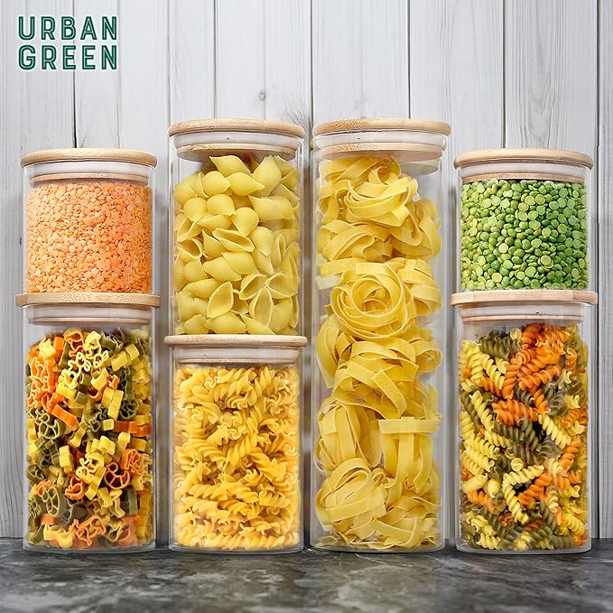 Urban Green Glass Jars with Bamboo Lids, Glass Airtight Canisters sets, Food Storage Container, Pantry Organization and Storage Jars, Kitchen Canisters Sets, Flour Containers of 6-Ruum Studio Home