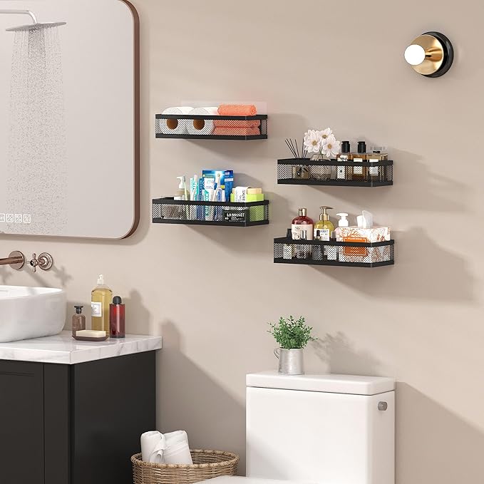 PUSDON Hanging Storage Baskets Organizer Wall Mount, Metal Wire Storage Bin Rack for Kitchen Bathroom Shower Spice Shelf Home Decor Essentials Black-2 Packs (Netting)-Ruum Studio Home
