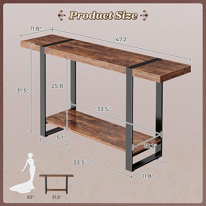 Huuger 47.2 Inch Entryway Table, 2-Tier Industrial Console Sofa Table, Accent Table with Storage, for Entry, Hallway, Entrance, Foyer, T-Shaped Metal Frame, Rustic Brown-Ruum Studio Home