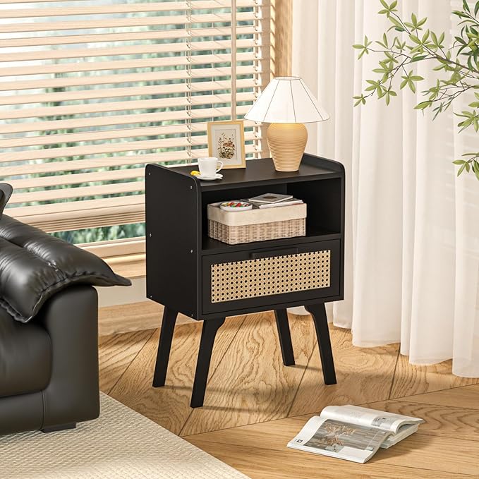 Lerliuo Rattan Nightstand, Bedside Table with Drawer Open Shelf, Cane Accent Side End Table with Solid Wood Legs, Black Mid Century Night Stand for Bedroom, Dorm and Small Spaces-Ruum Studio Home