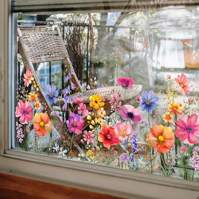 Colorful Flower Garden Window Clings, Wildflower Grass Lily Peony Poppy Floral Window Decals-Ruum Studio Home