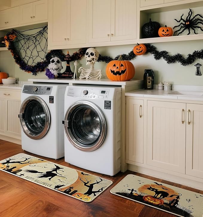 Halloween Kitchen Mat Set of 2, Spooky Witch Pumpkin Cat Halloween Kitchen Decor, Halloween Rug for Floor, Indoor Spooky Home Decor with Non-Slip Backing,17 x 29 Inch & 17 x 47 Inch-Ruum Studio Home