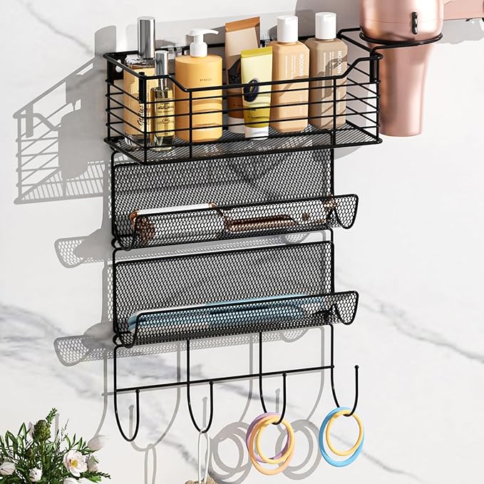 VITVITI Metal Hair Tool Organizer Wall Mount, Hair Dryer Holder with 3 Tier Shelf Basket Hooks, Bathroom Hair Styling Tool Organizer for Curling Iron/Blow Dryer/Straightener, Matte Black-Ruum Studio Home