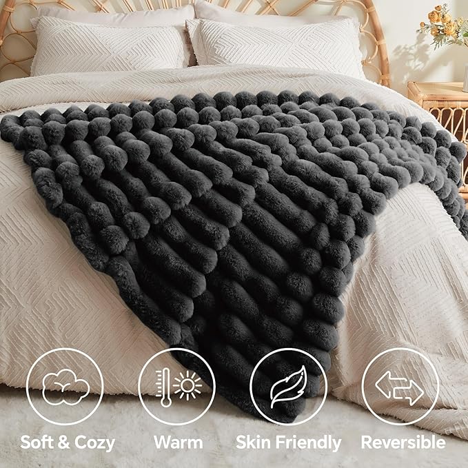 BEDELITE Faux Fur Throw Blanket for Couch, Soft and Cozy Luxurious 3D Striped Fluffy Blanket, 770GSM Thick Warm Plush Fuzzy Faux Rabbit Fur Blanket for Women Gift (Black, 50"x 60")-Ruum Studio Home