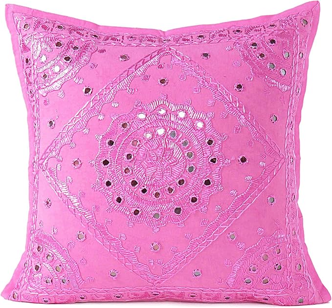 Eyes of India Embroidered Decorative Boho Throw Pillow Cover with Mirrors, Handmade Bohemian Accent Cushion Case for Sofa Couch Bedroom Living Room (Pink, 24" x 24")-Ruum Studio Home