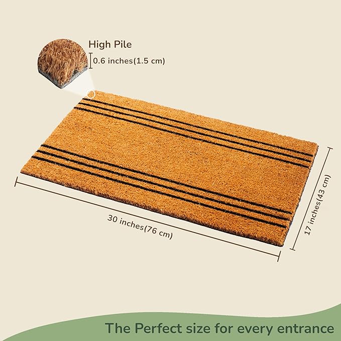 Welcome Doormats, Natural Coco Coir Mats with Non-Slip PVC Backing, Indoor Outdoor Mats for Home & Office, Floor Mats for Door Decor, Plain Entry Mat with Stripes, Beige & Black, 30"x17"-Ruum Studio Home