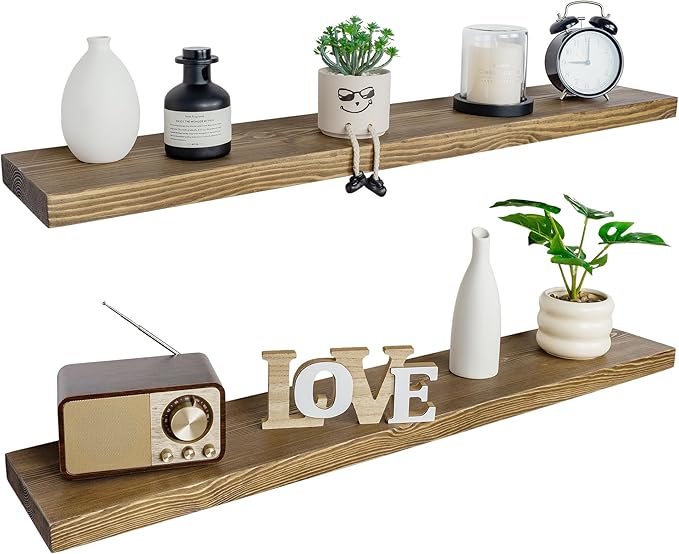 BGMG Floating Shelves for 48 inch Long Set of 2,Wide Rustic Wooden Wall Shelves for Bathroom Living Room Bedroom Kitchen Farmhouse-48x6.7x1.25 inch- Walnut-Ruum Studio Home