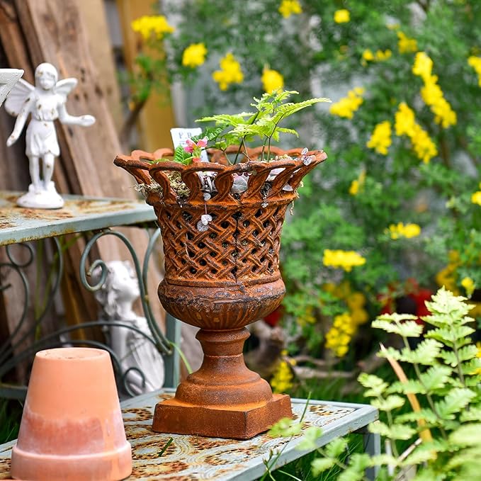 Sungmor Heavy Duty Cast Iron Urn Planter, Beautiful Hollow Trophy Design Tall Orchid Flower Pot, Large Decorative Plastic Flowers Plants Bouquets Vase, Rustic French Country Pot for Home or Garden-Ruum Studio Home