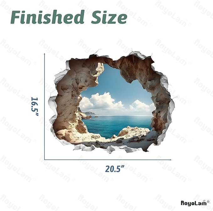 Cave by The Sea Wall Stickers for Living Room Large 3D Broken Wall Wall Decals Removable Peel and Stick Wall Art Home Decor Decoration for Bedroom Bathroom Classroom Library-Ruum Studio Home