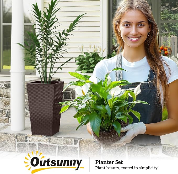Outsunny Tall Planters for Outdoor Plants Set of 3, 24 in Taper Planters with Drainage Holes, Rattan Decor Plant Pots for Indoor Outdoor Front Porch Patio Backyard, Brown-Ruum Studio Home