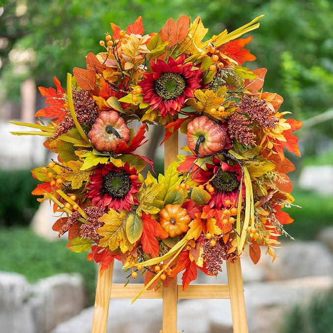 Fall Wreaths for Front Door 24 Inch- Full&Realistic Autumn Maple Leaves Wreath,Large Fall Door Wreath with Sunflower,Pumpkin,Berries for Thanksgiving Harvest Festival Decorations-Ruum Studio Home