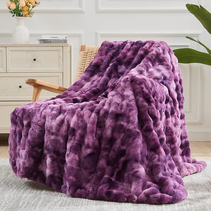 NEWCOSPLAY Faux Fur Throw Blanket Tie-dye Violet Purple Luxury Fluffy Thick Warm Bubble Blanket for Couch Sofa Bed 700GSM (Tie-dye Violet Purple, Throw(50"x60"))-Ruum Studio Home