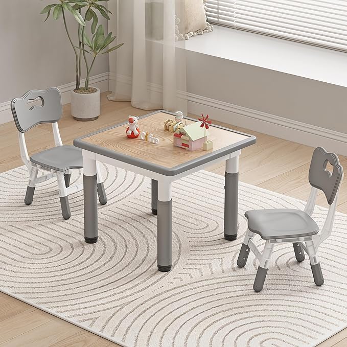 Kids Table and Chairs, Height Adjustable Childrens Table and Chair Set, Kids Tables for Age 2-8, Graffiti Desktop, Table for Kids with 2 Seats, Small Kids Table, Max 300lbs, Grey-Ruum Studio Home