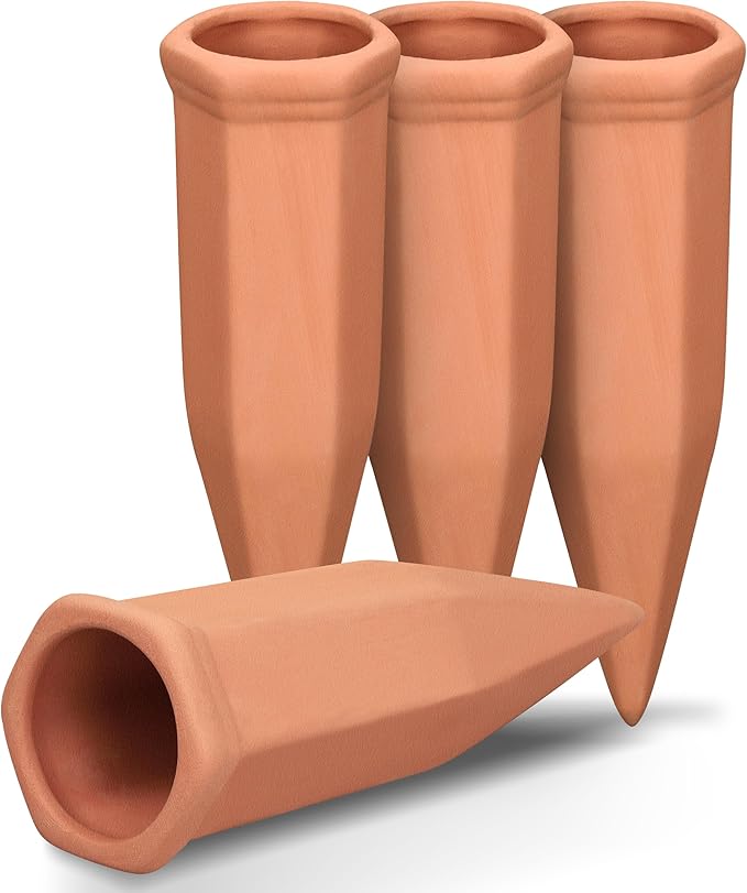 Terracotta Watering Spikes, Wine Bottle Watering Stakes, Slow Release Self Watering Planter Insert for Out | Indoor Plants, Vacation Plant Watering Devices, Automatic Plant Waterer, 4-Pack-Ruum Studio Home