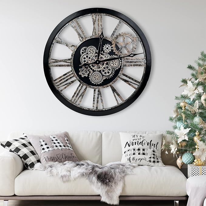 The B-Style Large Real Moving Gears Wall Clock 30 inch Rustic Retro Industrial Farmhouse Wood Clock Oversized Decorative Vintage Wall Clocks for Living Room (Black)-Ruum Studio Home