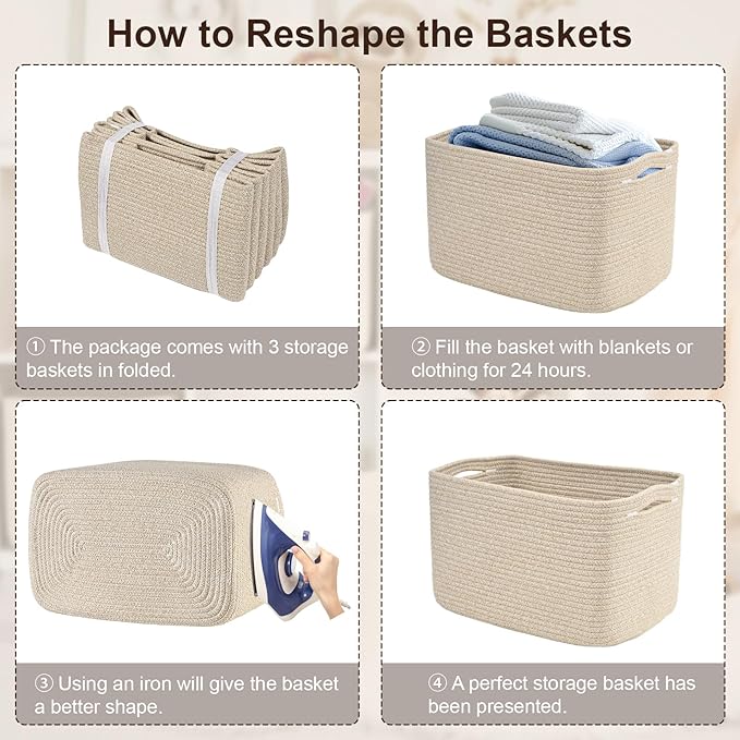 3-Pack Shelf Baskets for Organizing, Woven Storage Basket for Shelves, Cotton Rope Storage Bins for Toys Books, Nursery Towel Baskets for Classroom, 14.96"X9.8"X8.85", Brown-Ruum Studio Home