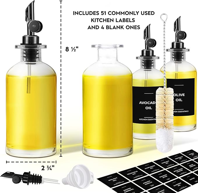 Olive Oil Dispenser Bottle - Includes 55 Kitchen Essential Labels - Cooking Oil Bottles for Kitchen, Coffee Syrup Dispenser - Pourer Spout with 11.8 fl oz Glass Container Cruet - 4pcs, Black-Ruum Studio Home