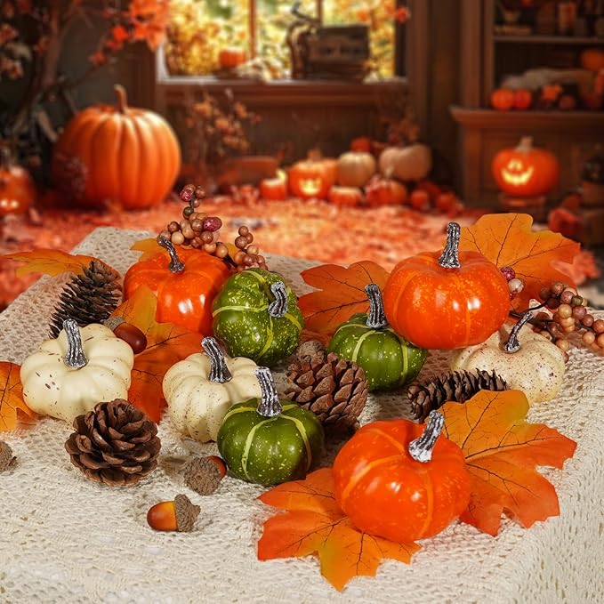 Artmag Pumpkin Decor Set, 25 PCS Fall Artificial Maple Leaves, Harvest Pumpkins, Acorns, Pine Cones and Orange Berry Stems Decorations for Fall Thanksgiving Table Decor-Ruum Studio Home