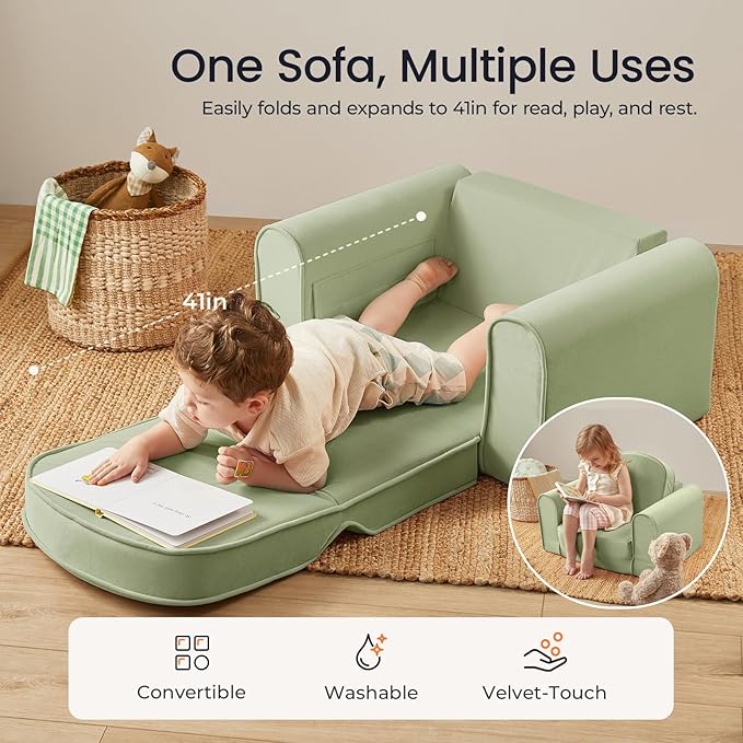 Tiny Land 2-in-1 Foldable Kids Couch with Pockets – Soft Thick Toddler Sofa, Lounger Couch, Convertible Kids Chair for Playroom, Bedroom or Living Room, Gift for Boys & Girls(Green)-Ruum Studio Home