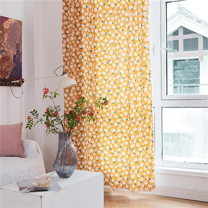 Sutuo Home Boho Curtain Semi-Blackout Yellow Florals Print Cotton Linen Fabric, Handmade Tassels Rod Pocket Bohemian Farmhouse Country Window Drapes for Living Bedroom, 59" W x 84" L, 1 Panel-Ruum Studio Home