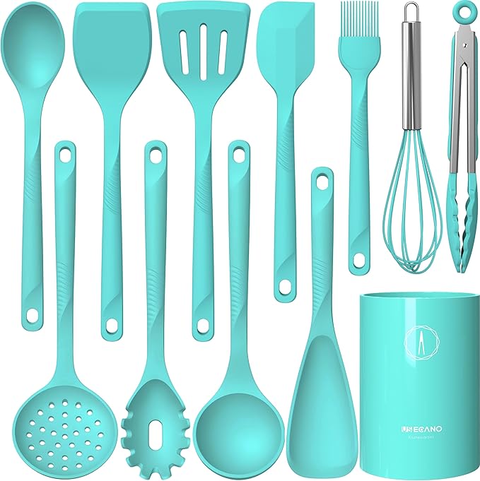 Silicone Cooking Utensils Set - 600°F Heat Resistant, Nonstick Kitchen Utensil Set with Spatulas, Spoons, Whisk, Tongs, BPA Free, Dishwasher Safe (Teal)-Ruum Studio Home