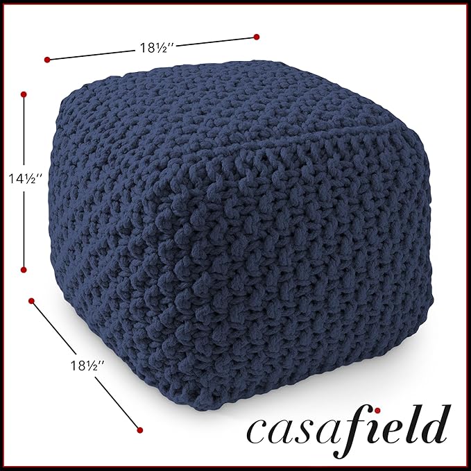 Casafield Square Pouf Ottoman, Navy Blue 18.5" W x 18.5" D x 14.5" H Cotton Knit Foot Stool - Boho Floor Pouffe for Living Room, Bedroom, Home Office-Ruum Studio Home