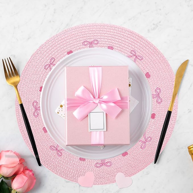 Whaline 4Pcs Round Placemats Pink Bow Embroidered Place Mats Coquette Bow Dinner Table Mats for Home Wedding Baby Shower Birthday Party Decor-Ruum Studio Home