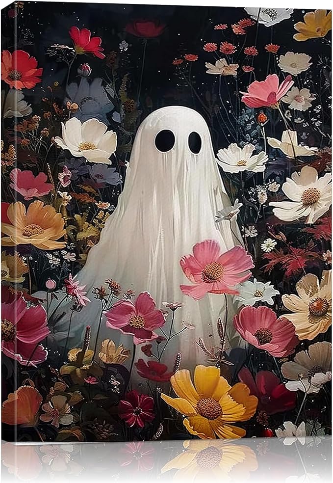 Halloween Canvas Wall Art,Vintage Cute Ghost & Wildflowers Framed Poster, Spooky Fall Decorations for Indoor, Gothic Dark Academia Wall Decor, Funny Halloween Decorations for Living Room Bedroom-Ruum Studio Home