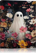 Halloween Canvas Wall Art,Vintage Cute Ghost & Wildflowers Framed Poster, Spooky Fall Decorations for Indoor, Gothic Dark Academia Wall Decor, Funny Halloween Decorations for Living Room Bedroom-Ruum Studio Home