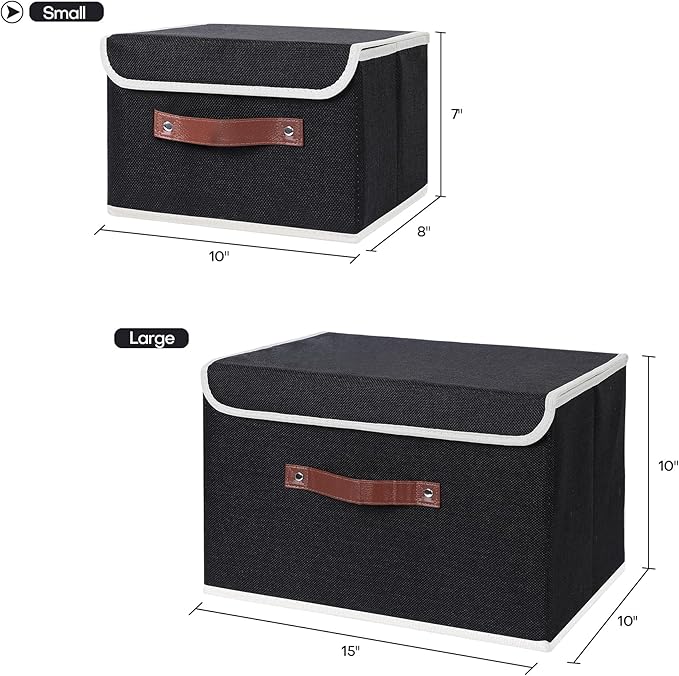 ANMINY 2PCS Storage Bins with Lid PU Leather Handles Storage Boxes PP Plastic Board Decorative Foldable Lidded Cotton Linen Fabric Home Cubes Baskets Closet Organizer Containers - Black, Small Size-Ruum Studio Home