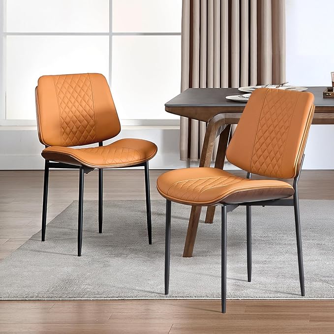BV Dining Chairs Set of 2, PU Leather Armless Kitchen Chair in Modern Walnut Style, Mid Century Bentwood Side Chair with Metal Legs, Retro Accent Guest Chair for Kitchen Dining Room(Brown)-Ruum Studio Home