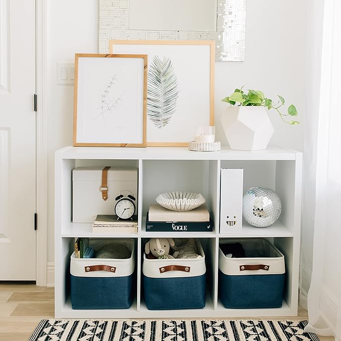 OrganiHaus Large Fabric Storage Bins for Shelves 3 Pack, 15x11in Closet Storage Bins for Shelves, Cloth Baskets & Closet Organizers, Fabric Basket, Navy Blue/White-Ruum Studio Home