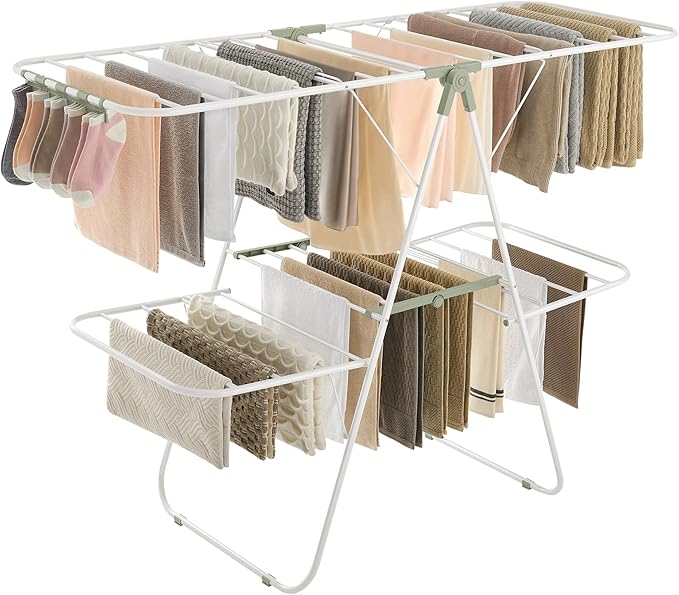 SONGMICS Clothes Drying Rack, Foldable 2-Level Laundry Drying Rack, Free-Standing Laundry Airer, with Height-Adjustable Wings, 33 Drying Rails, Sock Clips, White and Green ULLR053C01V1-Ruum Studio Home