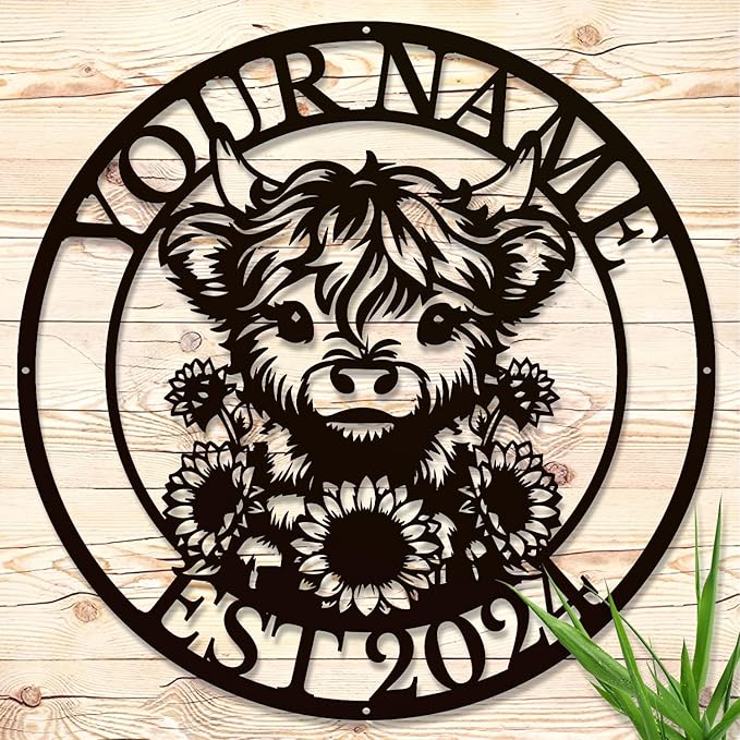 Personalized Highland Cow Name metal Signs,Custom Highland Cow Metal Shed Wall Decor,Black Metal Wall Art Plaques Outdoor wall Decorative Signage (Style E)-Ruum Studio Home