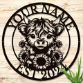 Personalized Highland Cow Name metal Signs,Custom Highland Cow Metal Shed Wall Decor,Black Metal Wall Art Plaques Outdoor wall Decorative Signage (Style E)-Ruum Studio Home