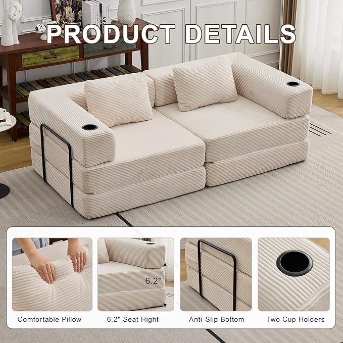 78" W Loveseat Sofa, 4 in 1 Convertible Floor Sofa Bed, Boneless Cloud Couch with Cup Holder, Fold Out Floor Couch, Loveseat Recliner Sleeper for Living Room Bedroom Lounge(Corduroy, White)-Ruum Studio Home