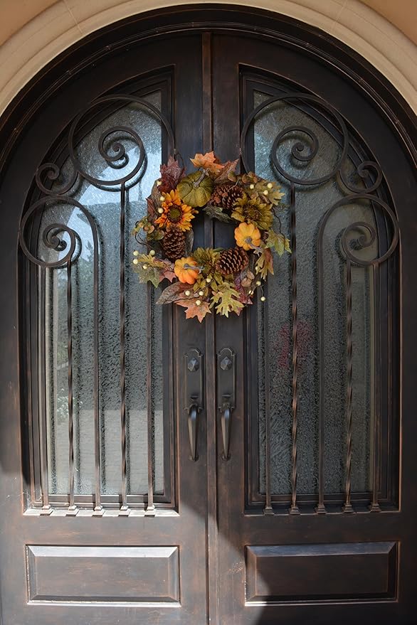 Admired By Nature 24 Inch Artificial Fall Pumpkin Sunflowers Wreath Wall Door Farmhouse Decor For Home Office Thanksgiving Harvest Wreaths For Front Door Cemetery Wreaths Indoor Outdoor, Green/Autumn-Ruum Studio Home